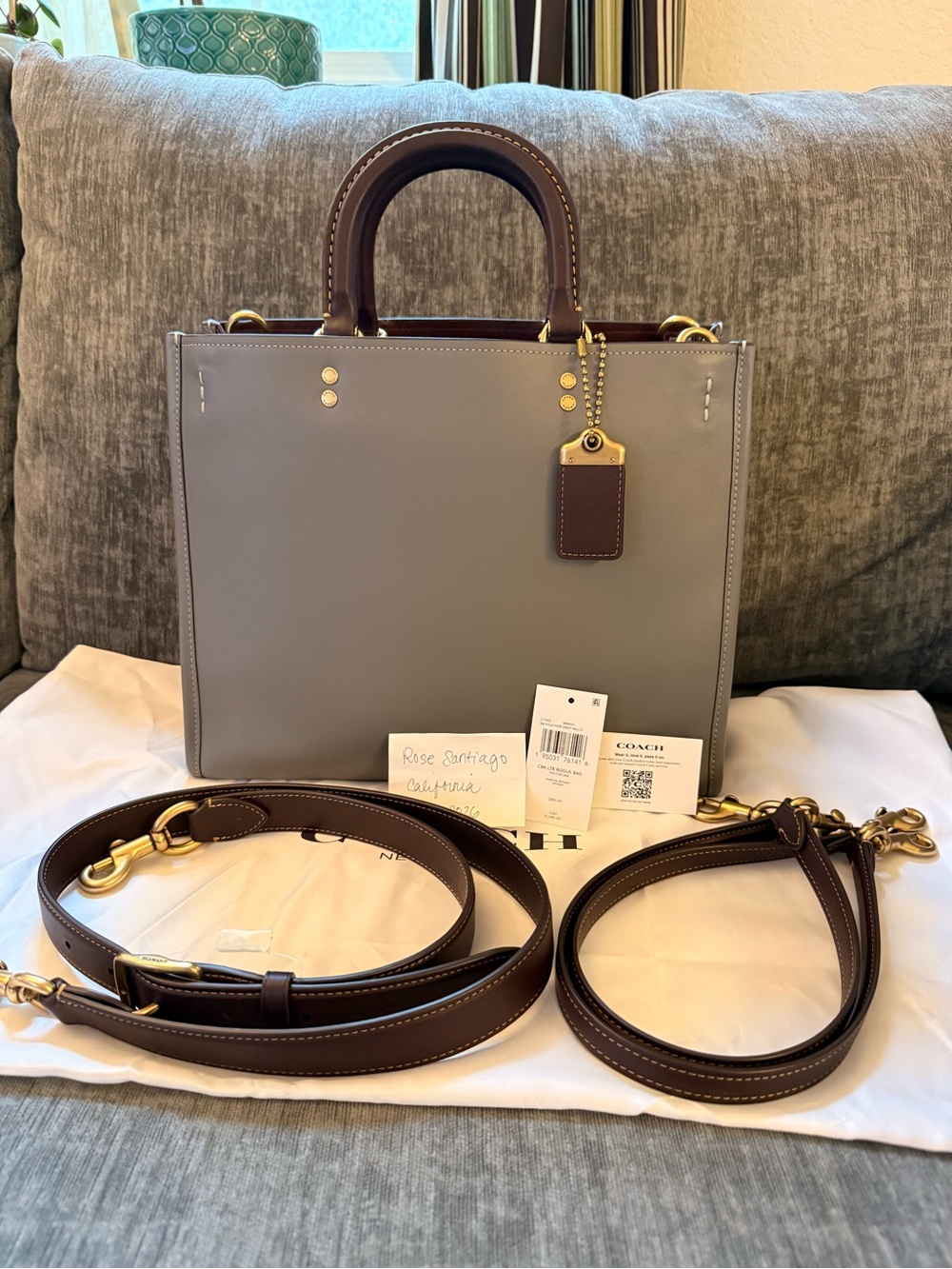 Coach Rogue Colorblock Heather Gray Leather Tote wity Merlot trim
